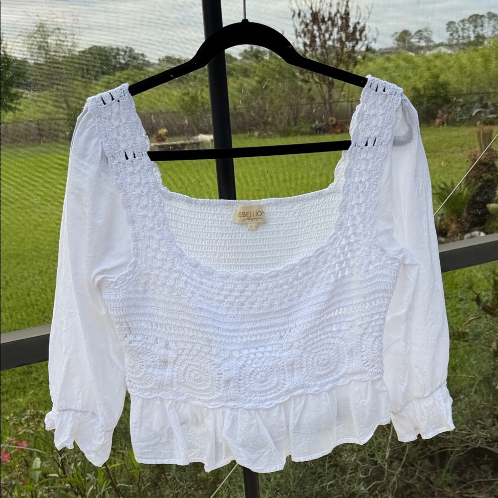 Rebellion White Smocked Crochet Peasant Blouse